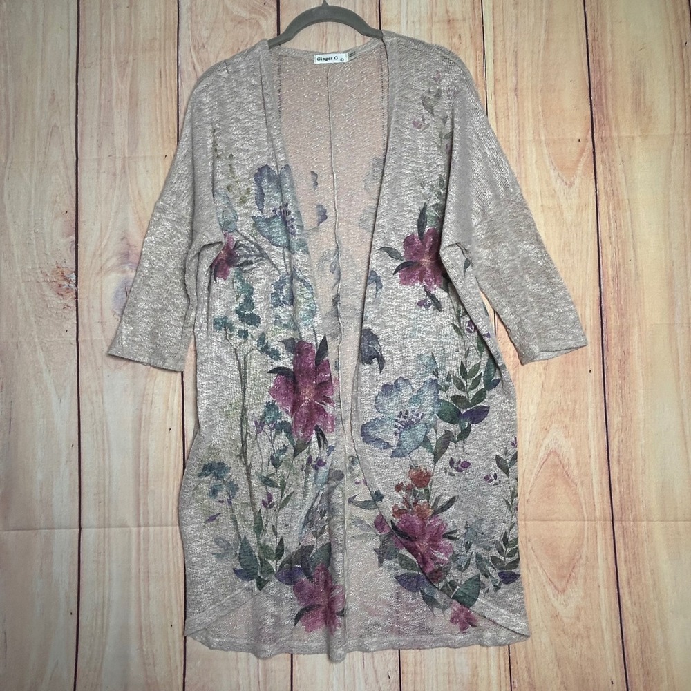 Ginger G Floral Duster Cardigan Womens Large Tan Purple Open Front Cottagecore